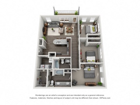 Floor plan for 3 beds, 2 baths, 1299 sqft